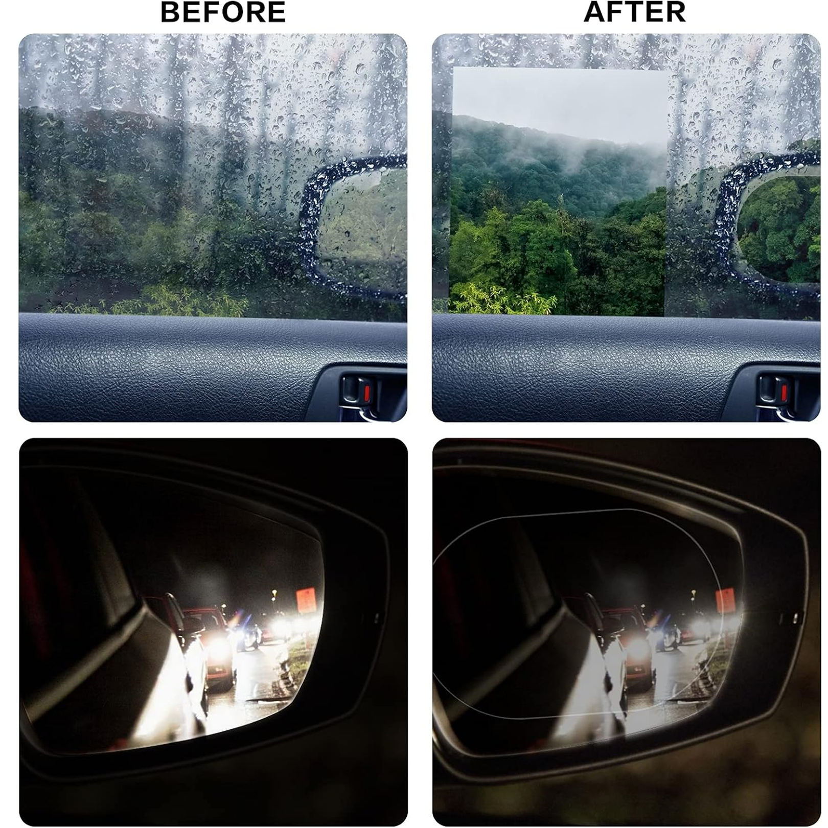 A four-panel image shows before and after views of a car window and side view with and without anti-fog film.