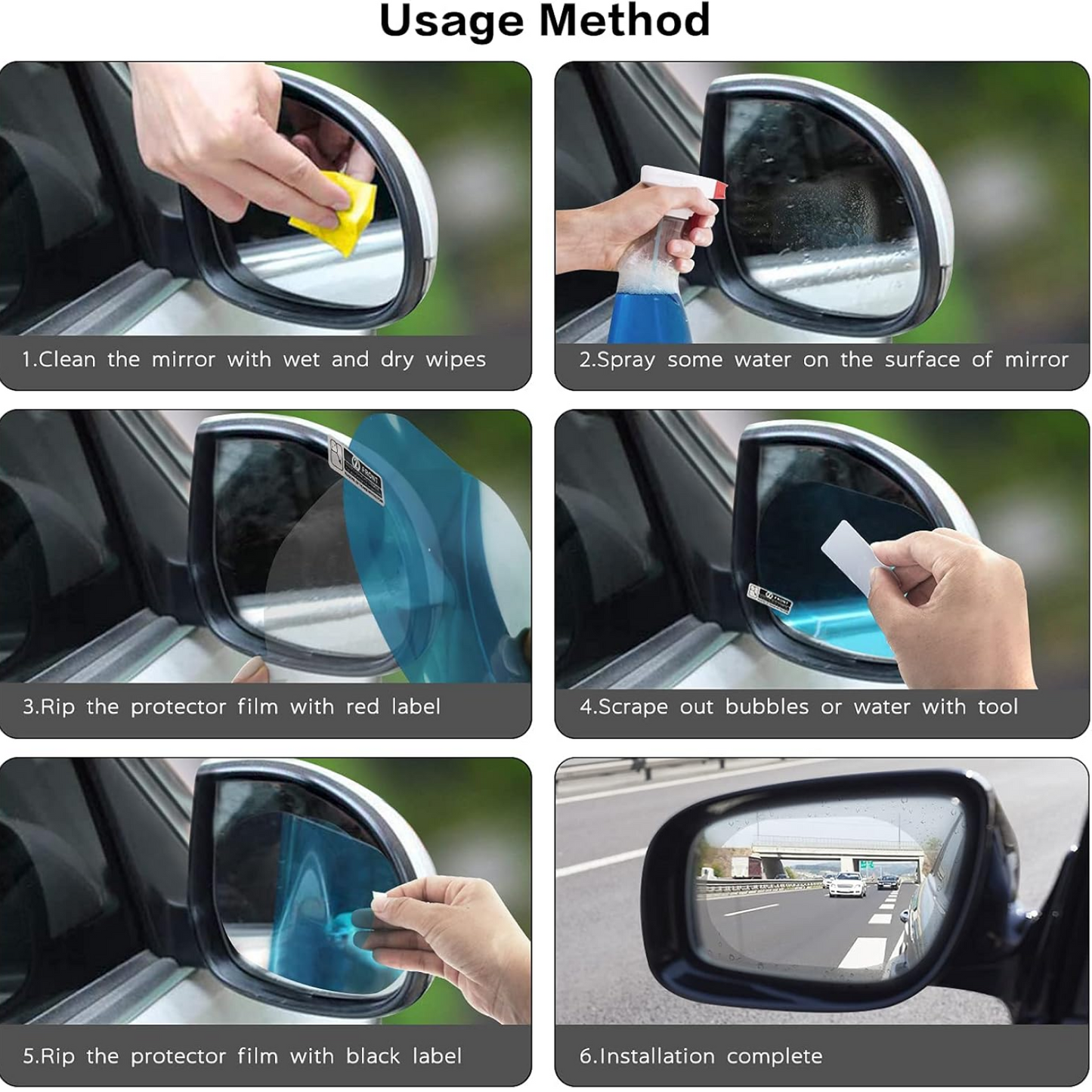 A six-panel image demonstrates the step-by-step installation of an anti-fog film on a car side view.