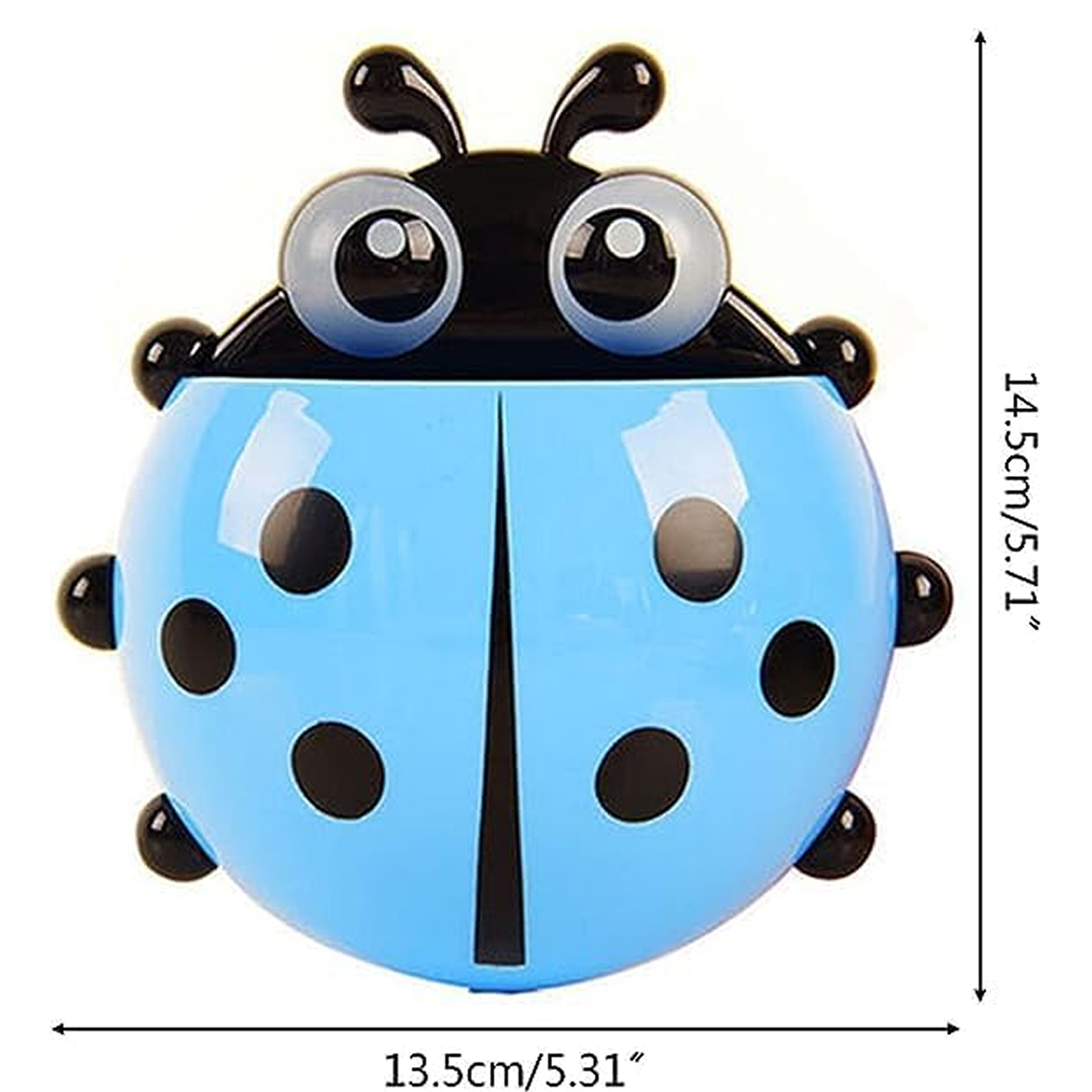 A blue ladybug holder with black spots and antennae is shown with its dimensions of 14.5cm by 13.5cm.