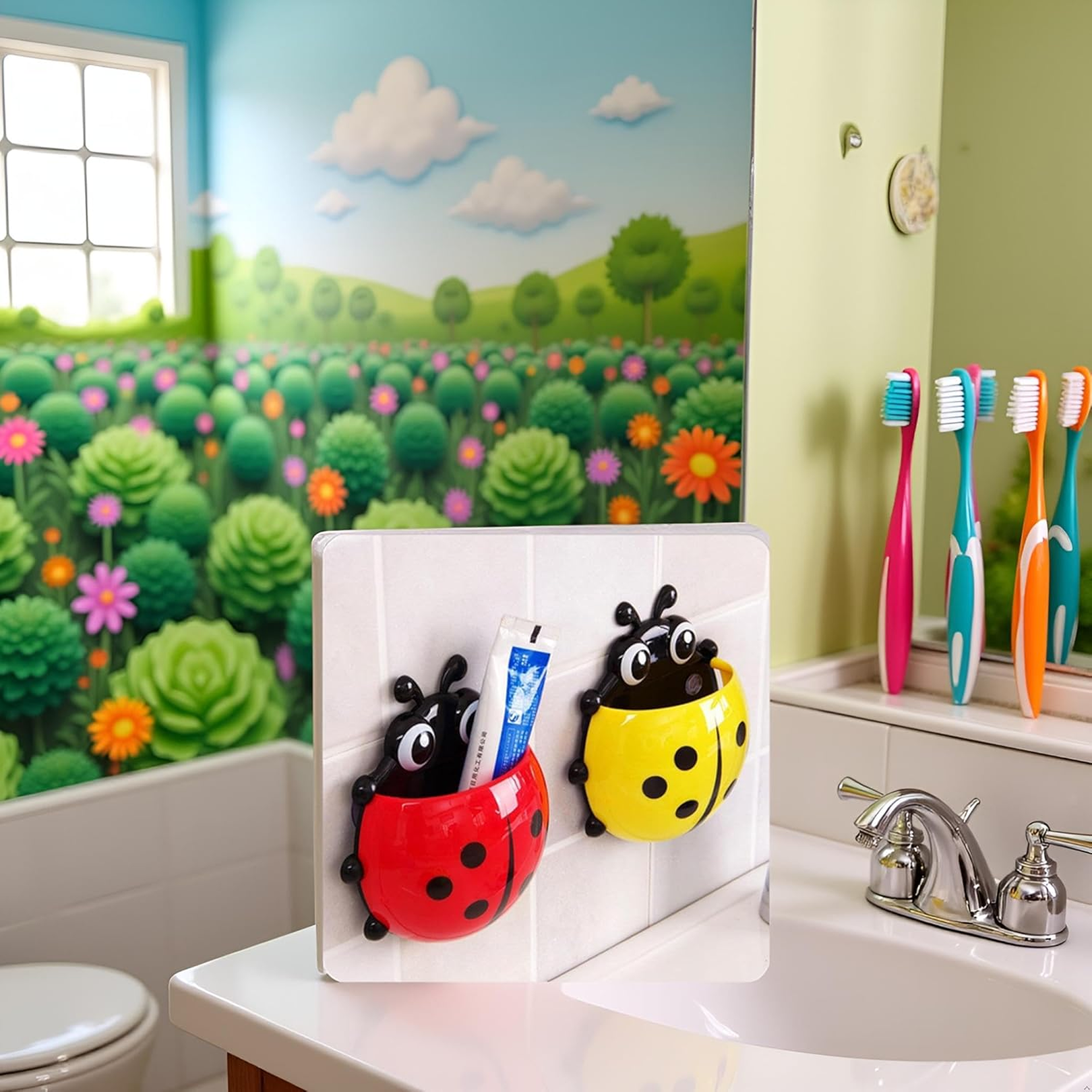 Two ladybug holders, one red and one yellow, are suctioned to a tiled wall in a colorful, cartoon-like bathroom.