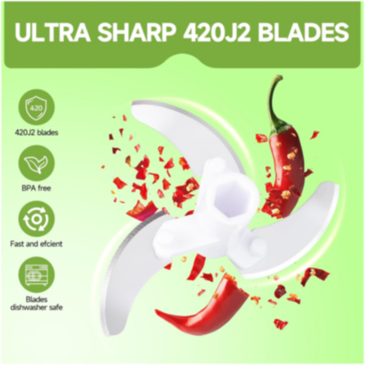 Close-up of three sharp silver blades with a red chili and chili flakes against a green background.