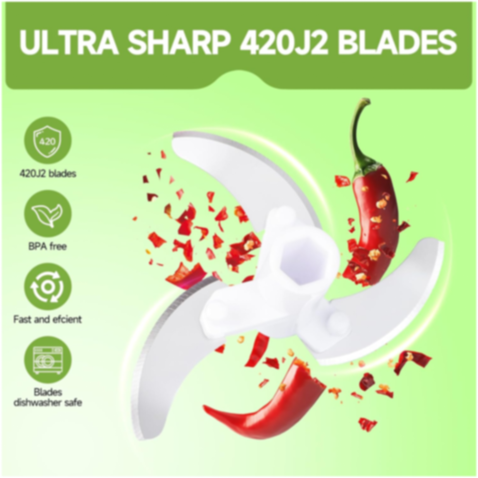 Close-up of three sharp silver blades with a red chili and chili flakes against a green background.
