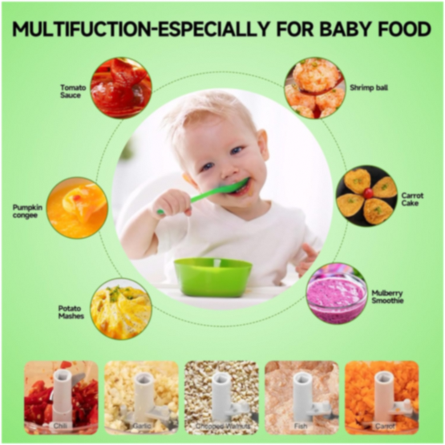 A baby eating with a spoon, surrounded by circular images of various pureed foods and five small ingredient examples.