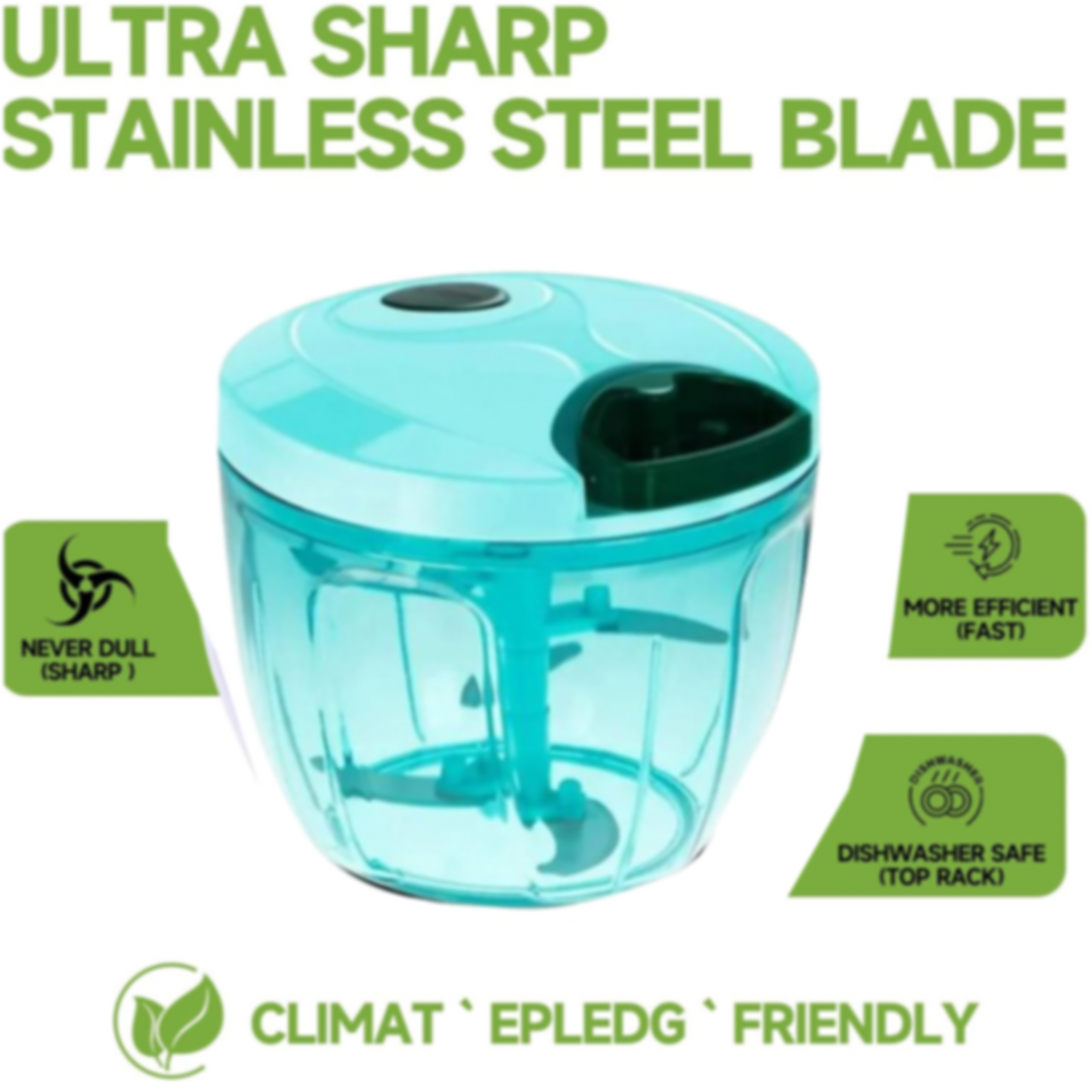 A teal manual food chopper with clear container and dark teal lid, surrounded by text highlighting its stainless steel blade.