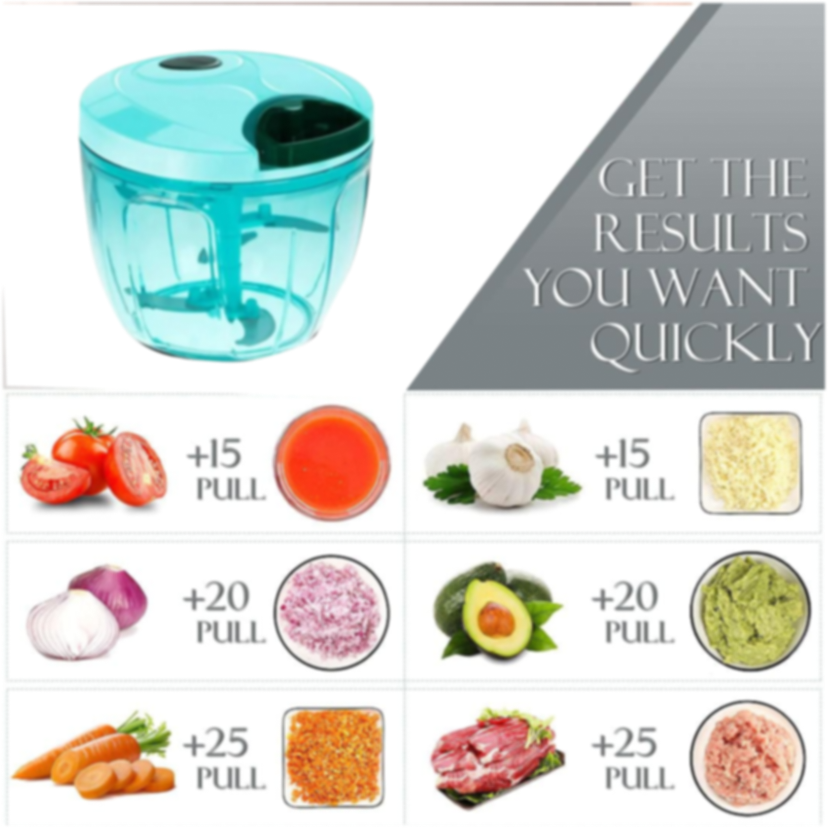 A teal manual food chopper above a grid showing different ingredients and their processed results with pull counts.