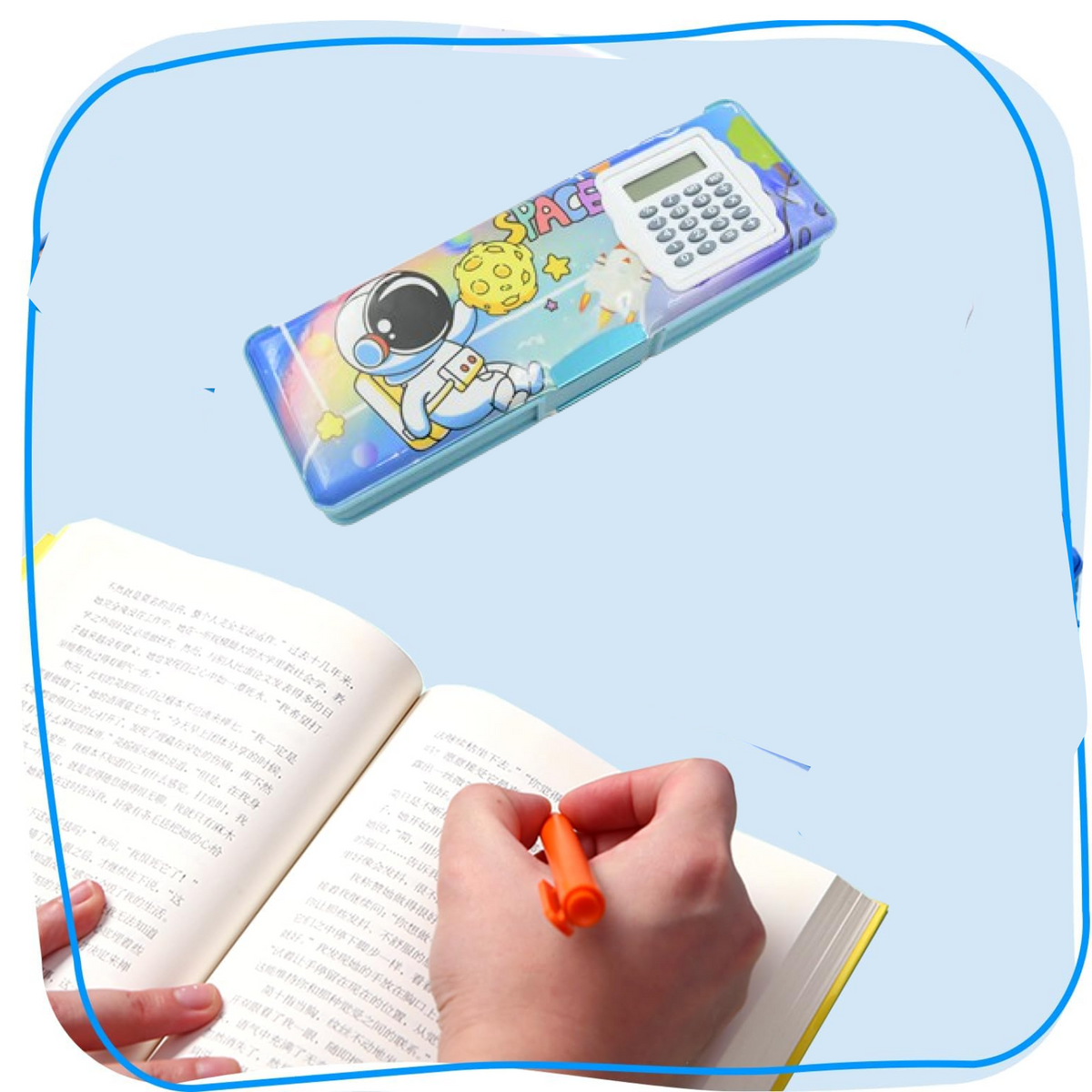A blue pencil case with an astronaut design and calculator floats above a person's hands writing in an open book.