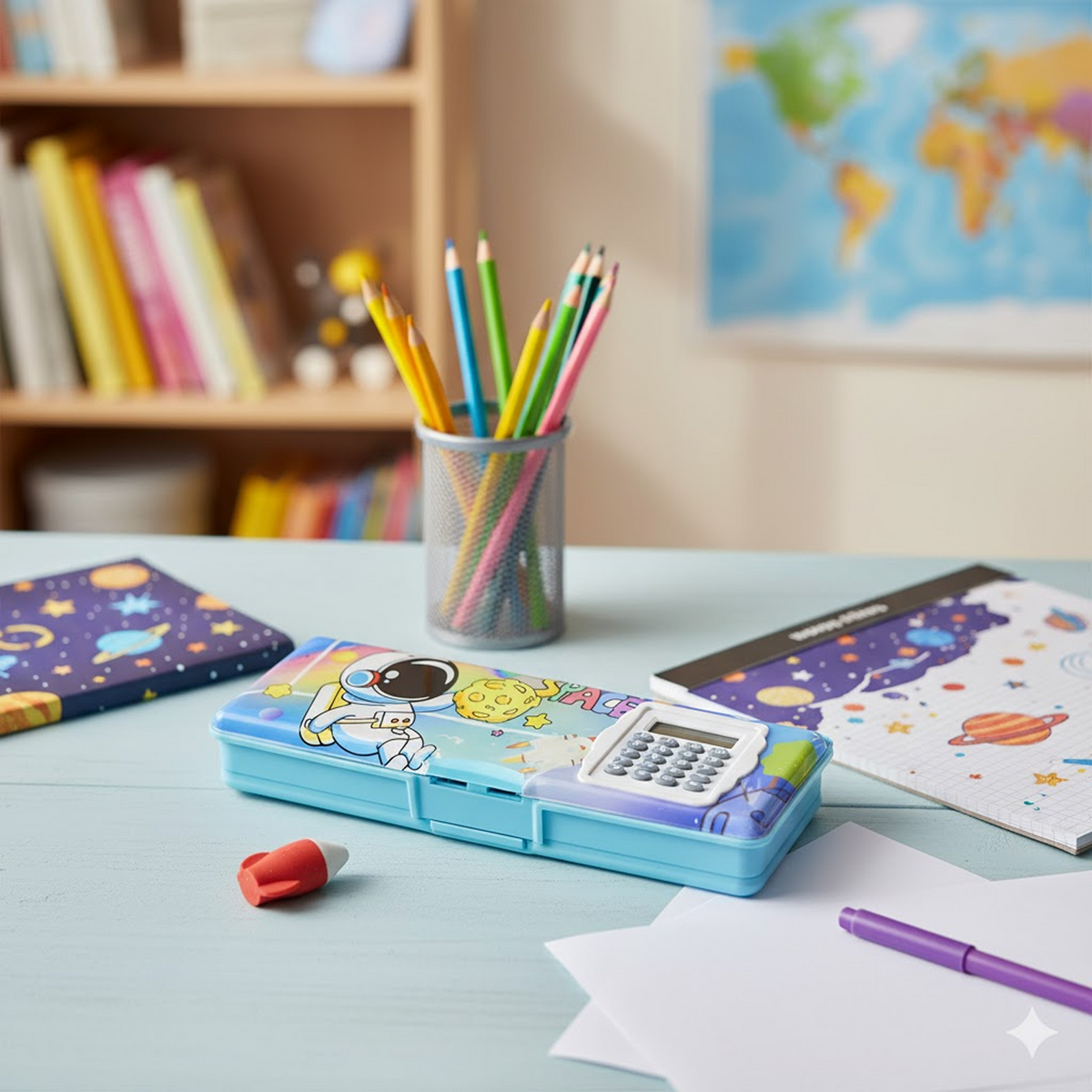 A blue pencil case with a space-themed design and calculator sits on a desk with notebooks, an eraser, and colored pencils.