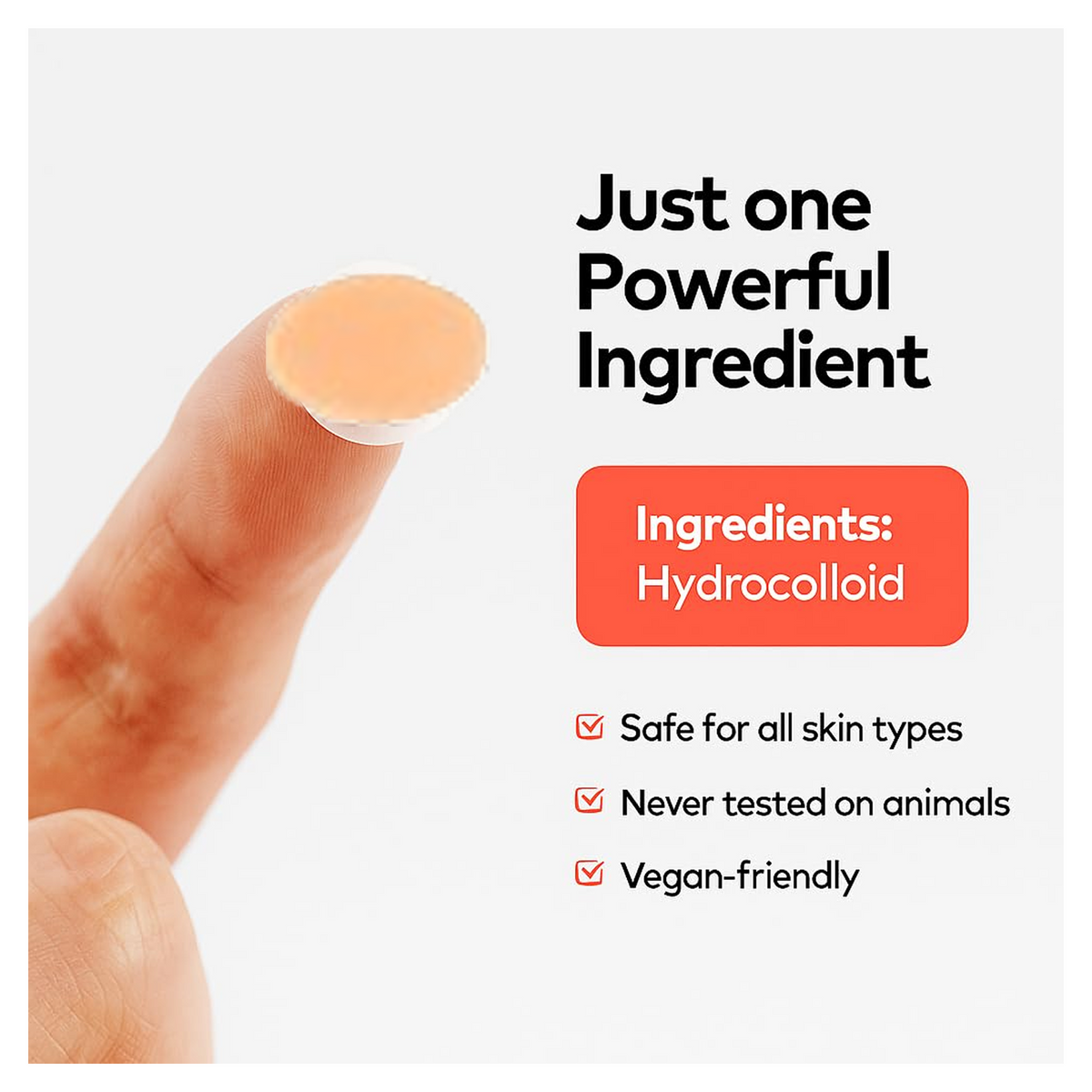 A finger holds a single round, light brown hydrocolloid patch next to text listing "Just one Powerful Ingredient: