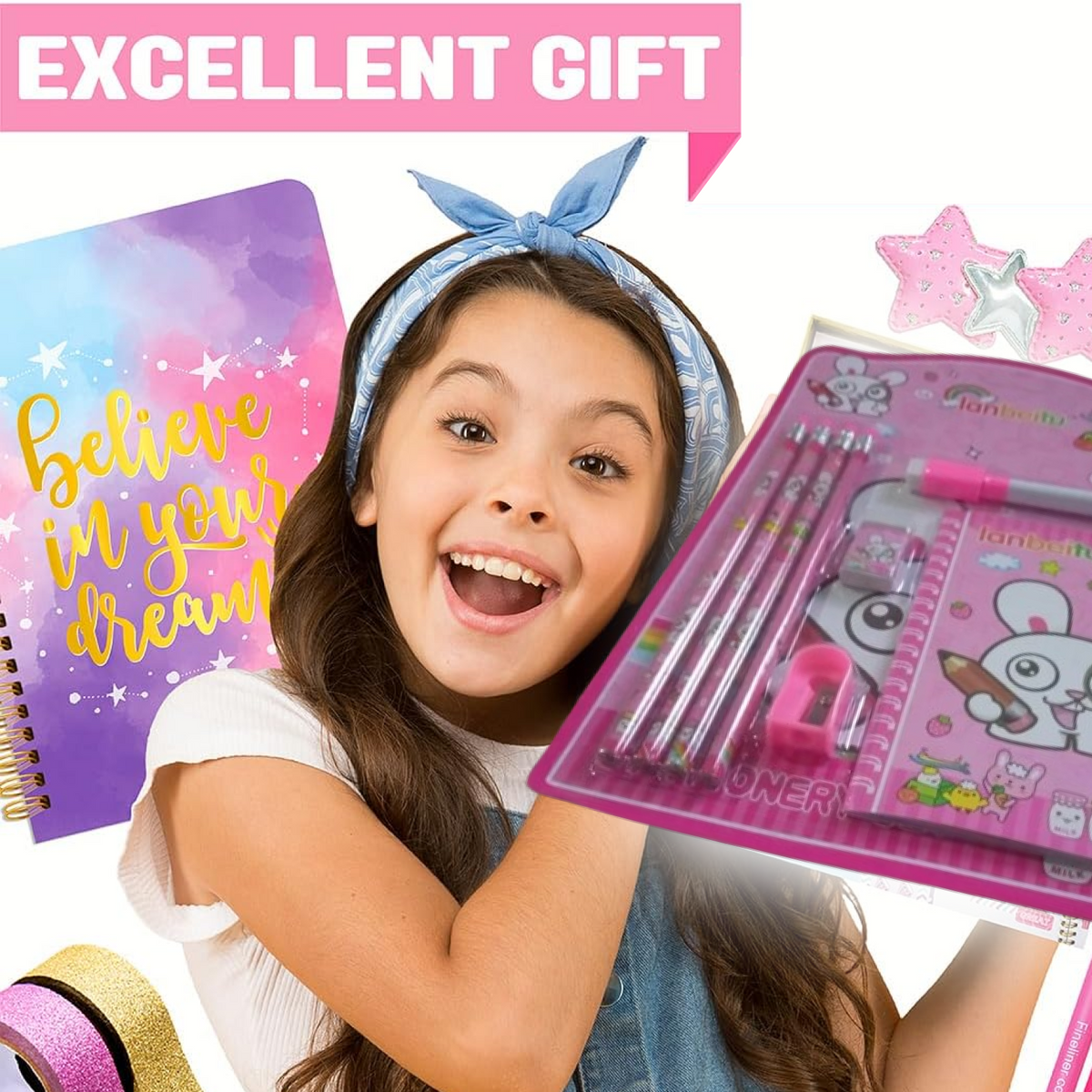 A smiling girl holds a pink bunny stationery set, with a purple notebook and other items in the background.