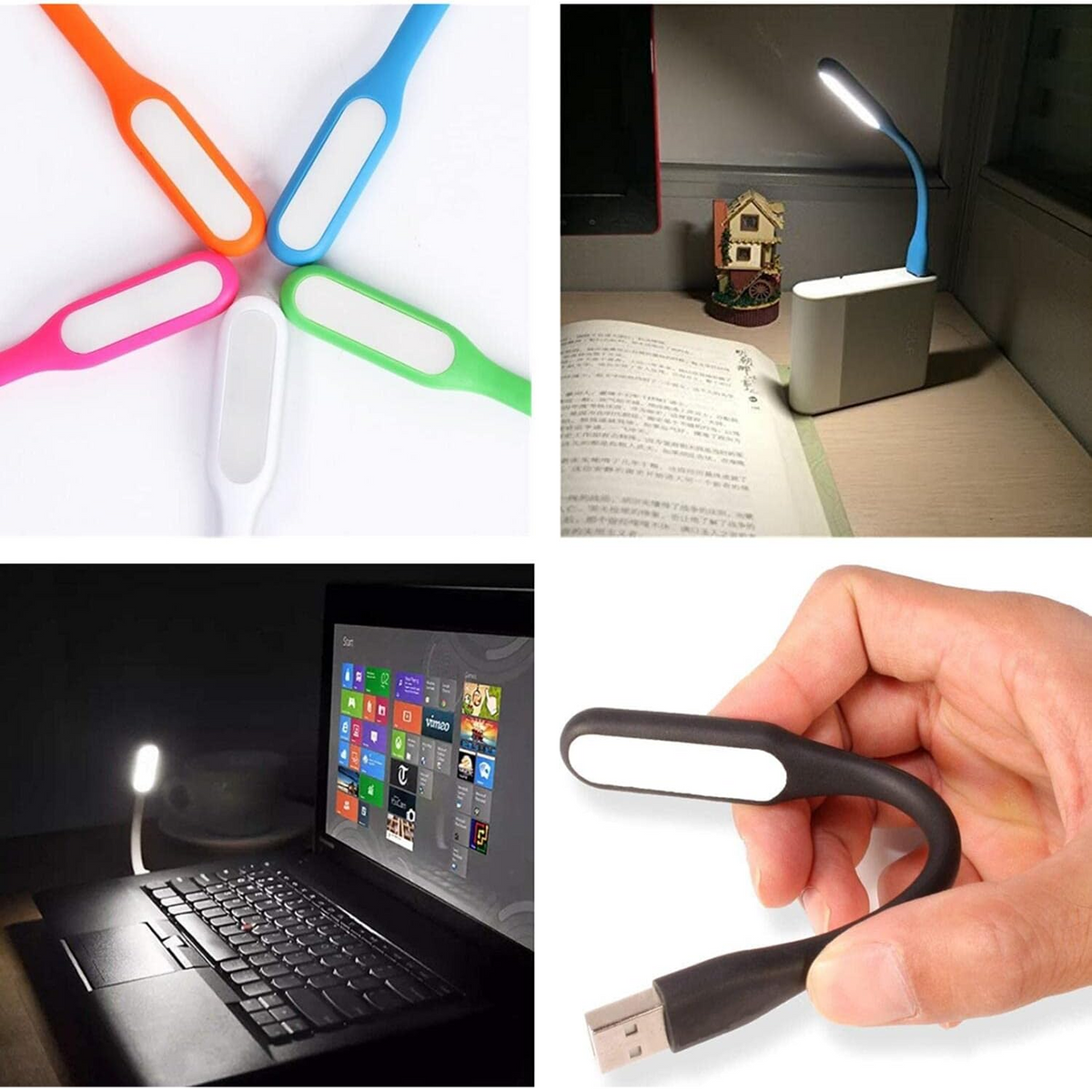 Top left shows five flexible USB LED lamps in a star pattern; top right shows a blue lamp illuminating a book on a desk.