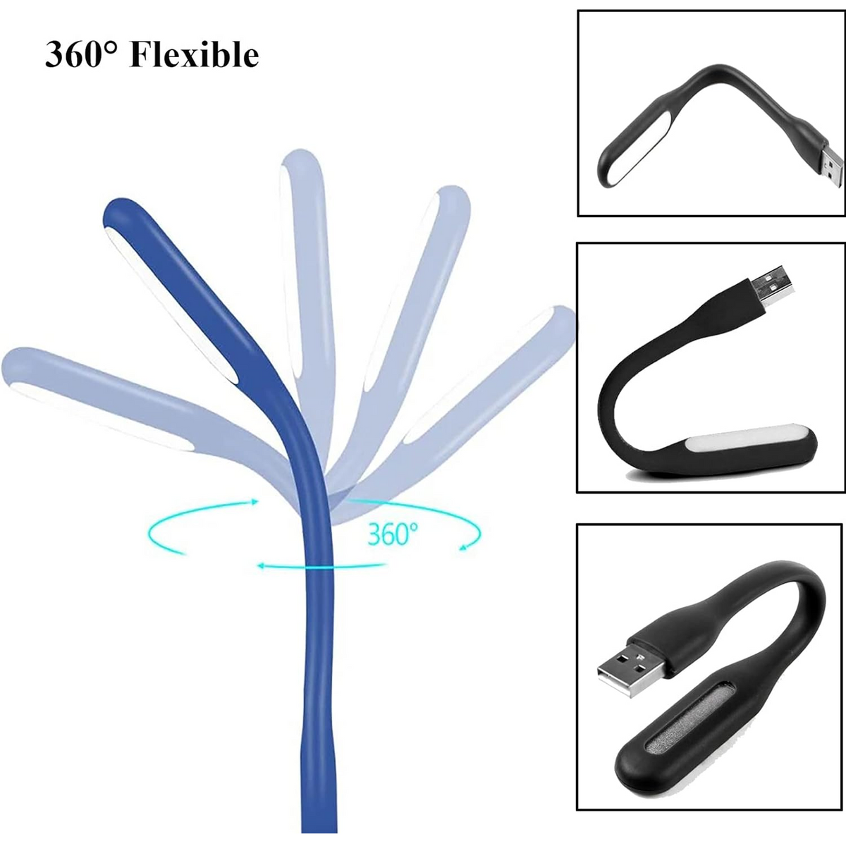 A blue flexible USB LED lamp demonstrating 360-degree rotation, with three black lamps showing different flexible positions.