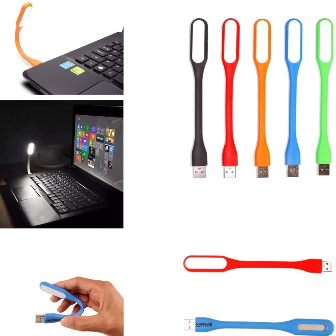 Top left shows an orange flexible USB LED lamp plugged into a laptop; bottom left shows a hand holding a blue lamp.