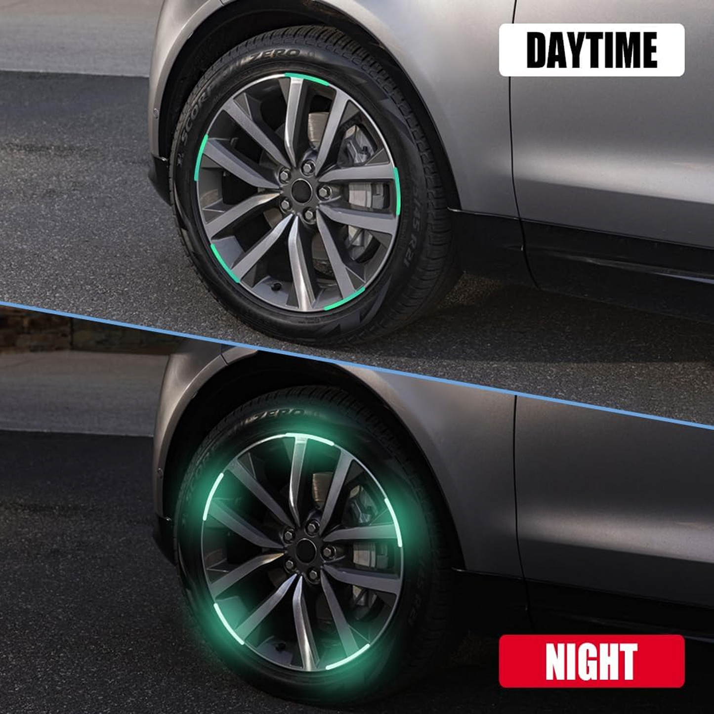 A split image showing a car wheel with green reflective stickers in daylight and glowing at night