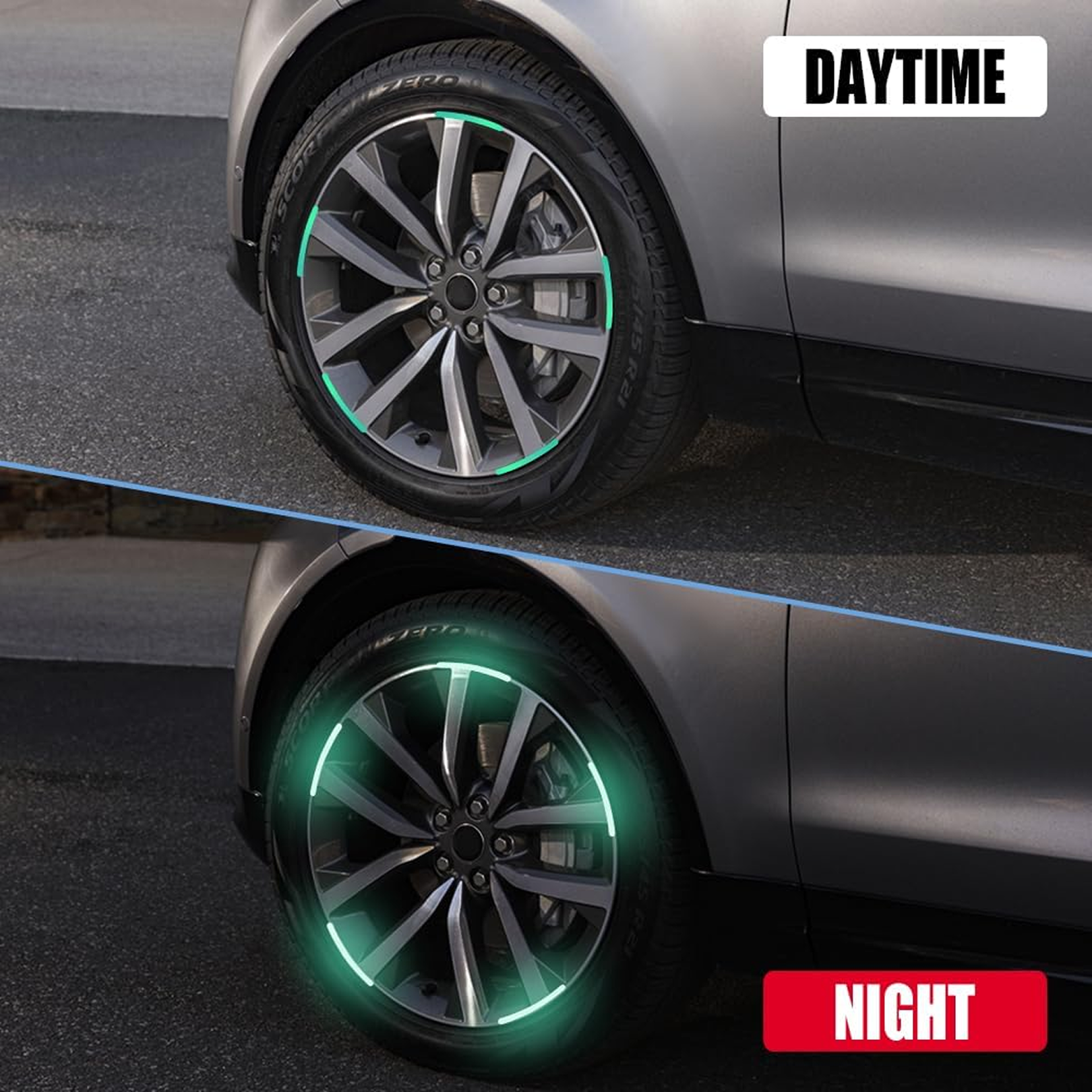A split image showing a car wheel with green reflective stickers in daylight and glowing at night