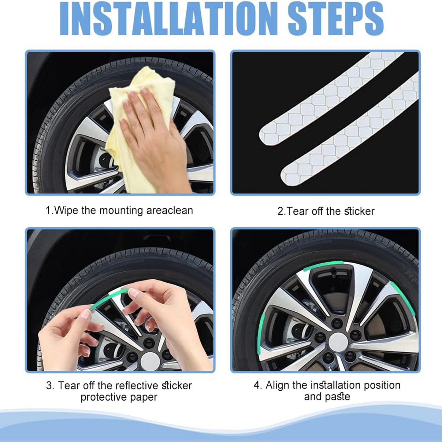 Four step-by-step images showing how to apply reflective stickers to a car wheel.