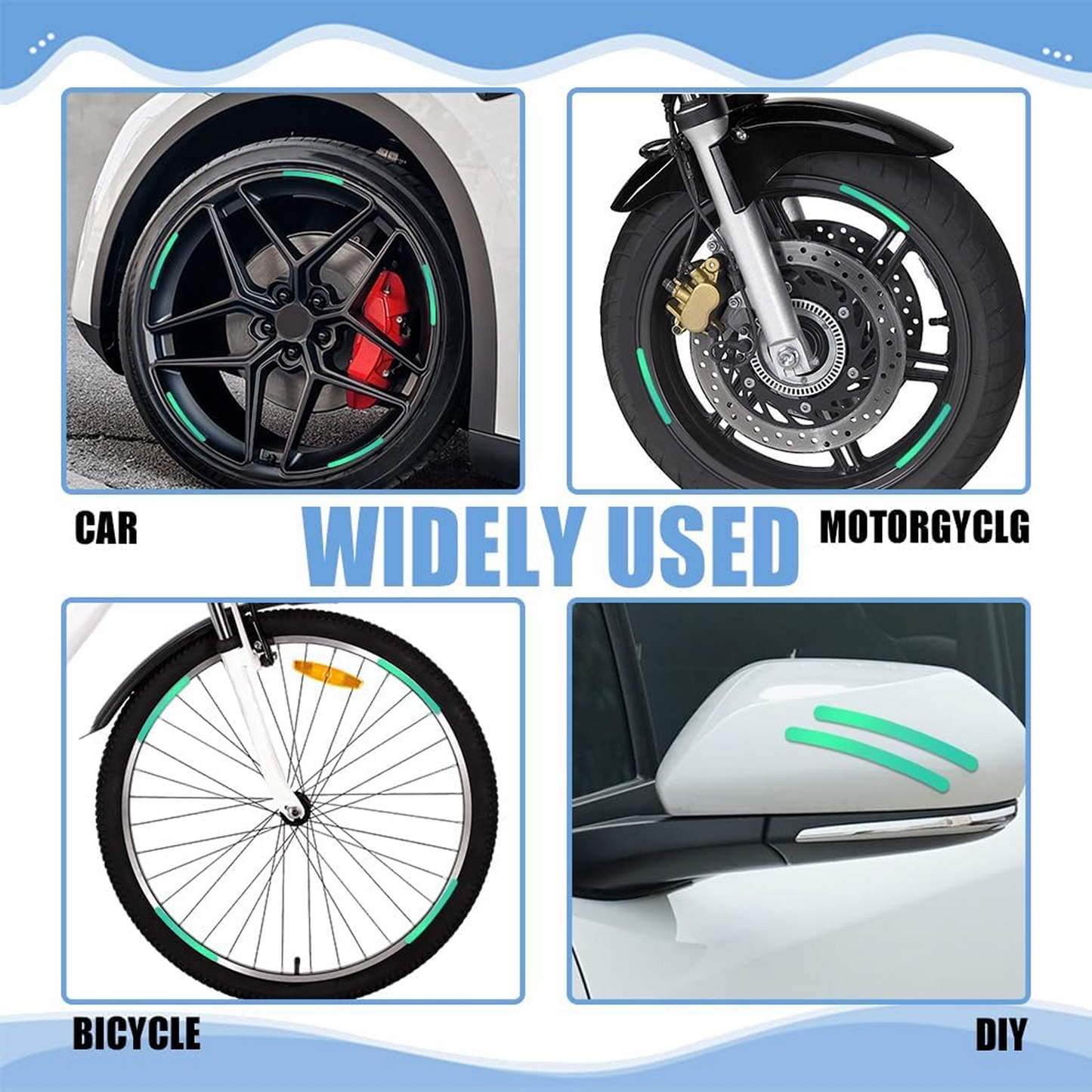 Four images showing reflective stickers applied to a car wheel, motorcycle wheel, bicycle wheel, and car mirror.