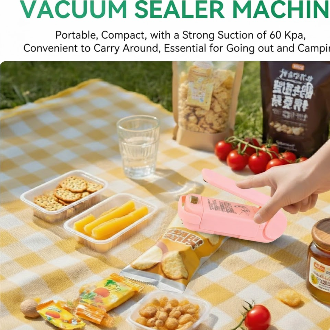 A hand holds a pink plastic bag sealer over a snack bag on a yellow checkered picnic blanket with various foods.