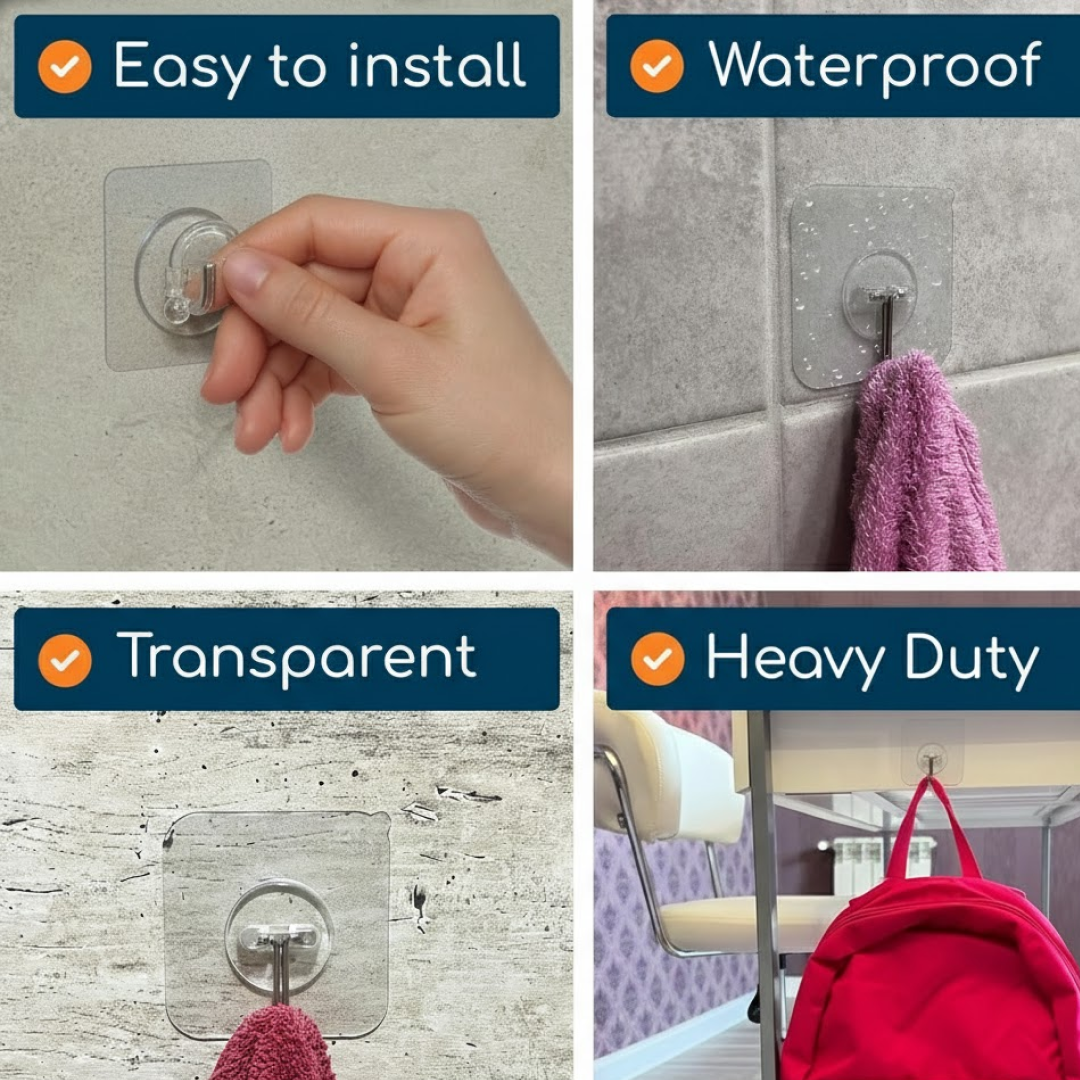 Four panels highlighting features: easy to install, waterproof, transparent, and heavy duty, with corresponding images.