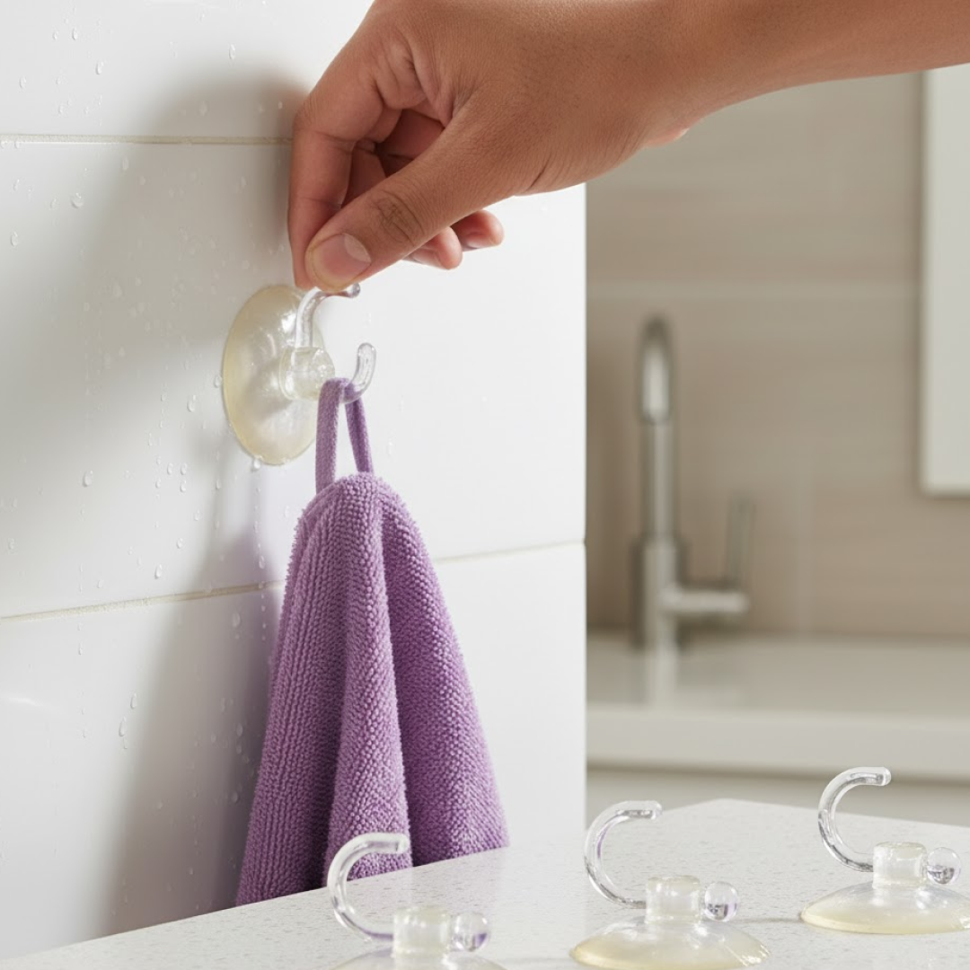A hand attaches a transparent suction cup hook to a tiled wall, with a purple towel hanging from it.