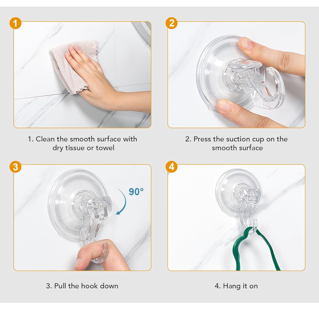Four-step visual guide demonstrating how to clean a surface, press the suction cup, pull the hook, and hang an item.