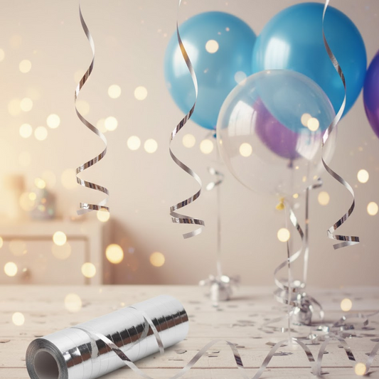 Close-up of smooth silver balloon ribbon spool for events.