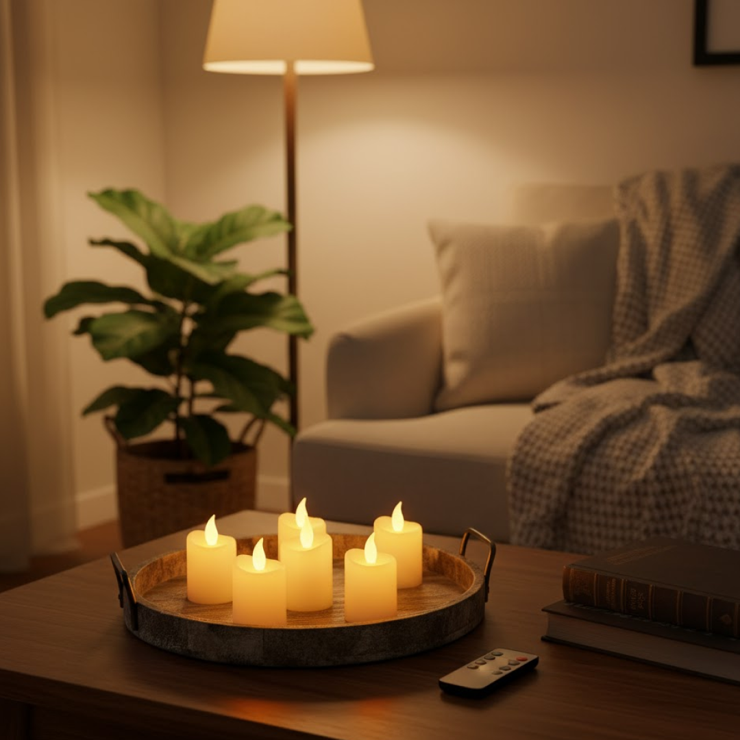 Front view of LED flameless candle light set showcasing warm glow