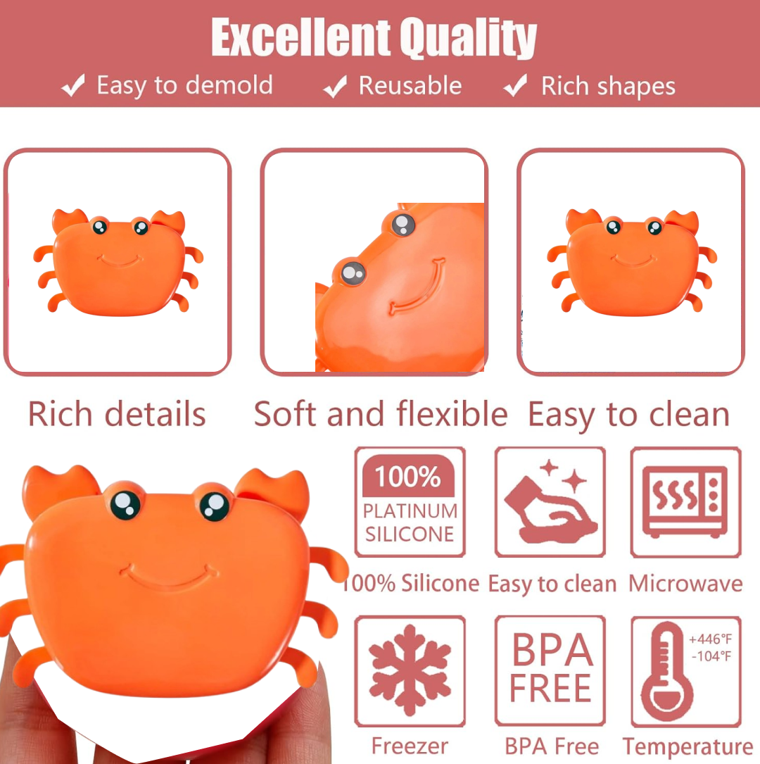 A collage of product features for the orange crab ice mold, highlighting its quality and material.