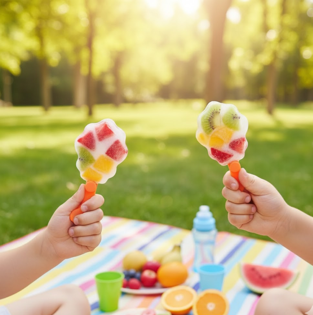 Two children's hands holding fruit-filled popsicles in a sunny outdoor setting with a picnic blanket.
