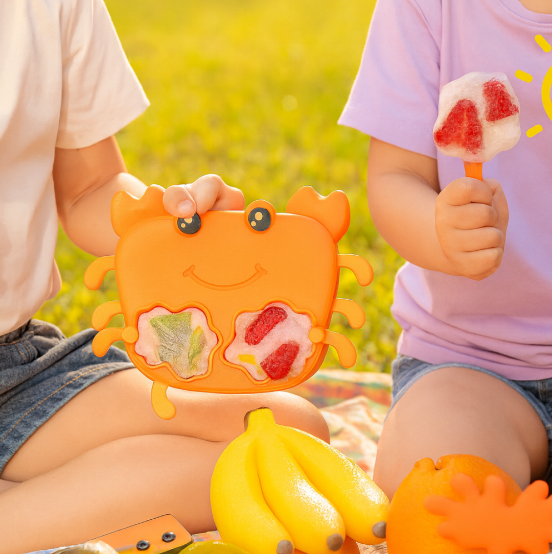 A child holding an orange crab ice mold with fruit ice cubes, next to another child with a popsicle.