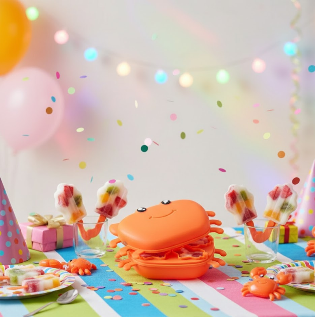 A festive table with an orange crab ice mold, fruit popsicles, party hats, and colorful confetti.