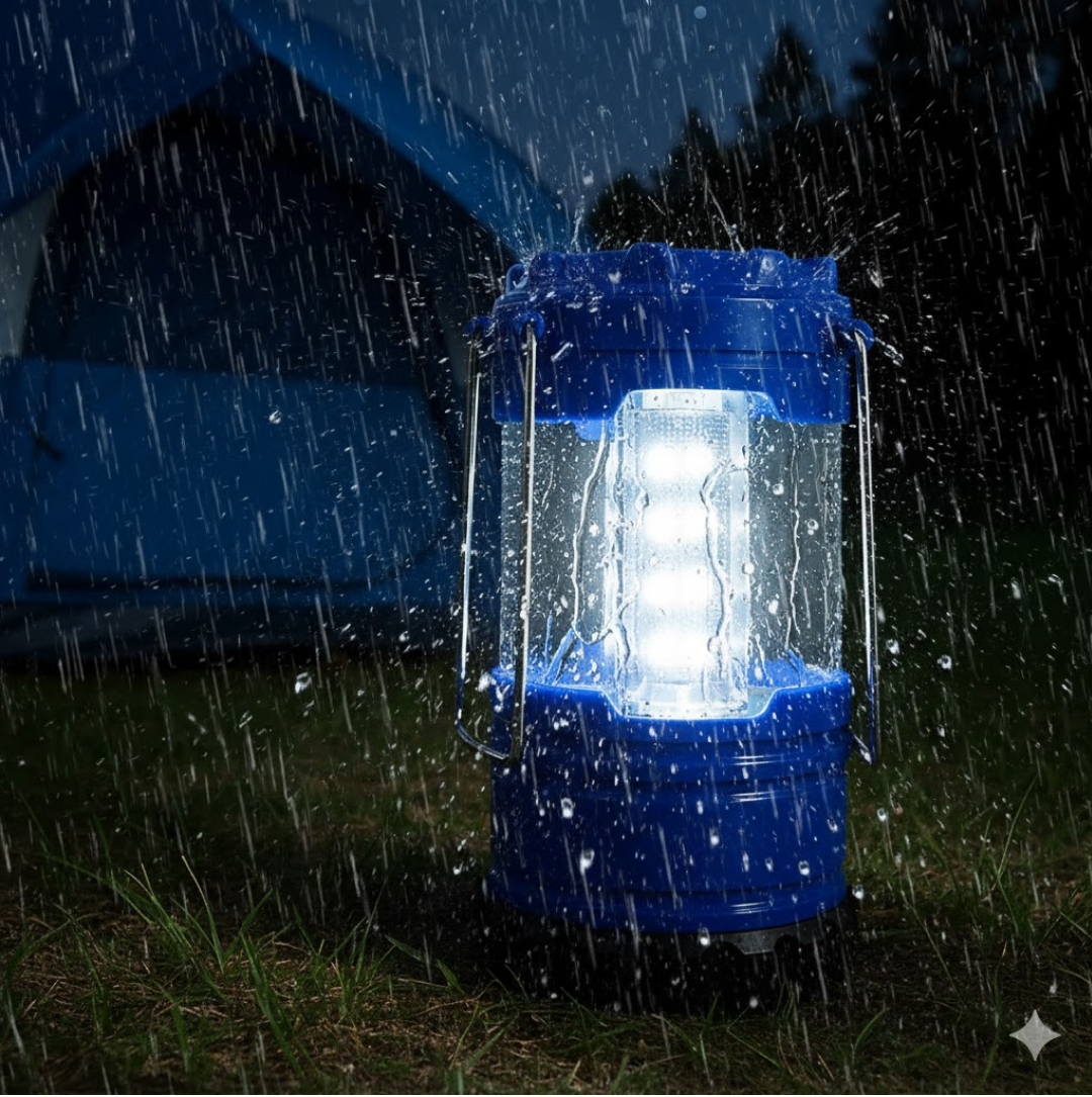 A blue lantern with bright white LEDs stands on wet grass as rain falls heavily around it, with a tent in the background.