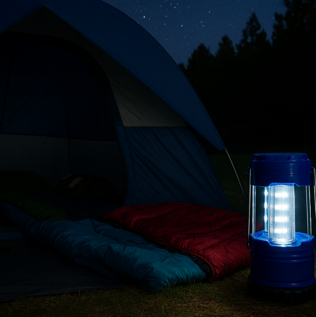 A blue LED lantern stands on the grass next to two sleeping bags, a red and a blue one, inside a tent at night.