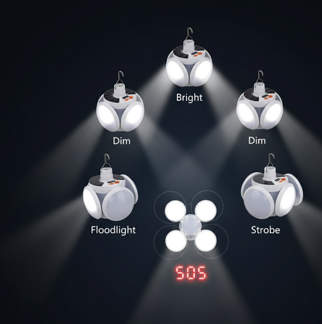 Five white solar camping lights demonstrate different lighting modes: Bright, Dim, Floodlight, Strobe, and SOS signal.
