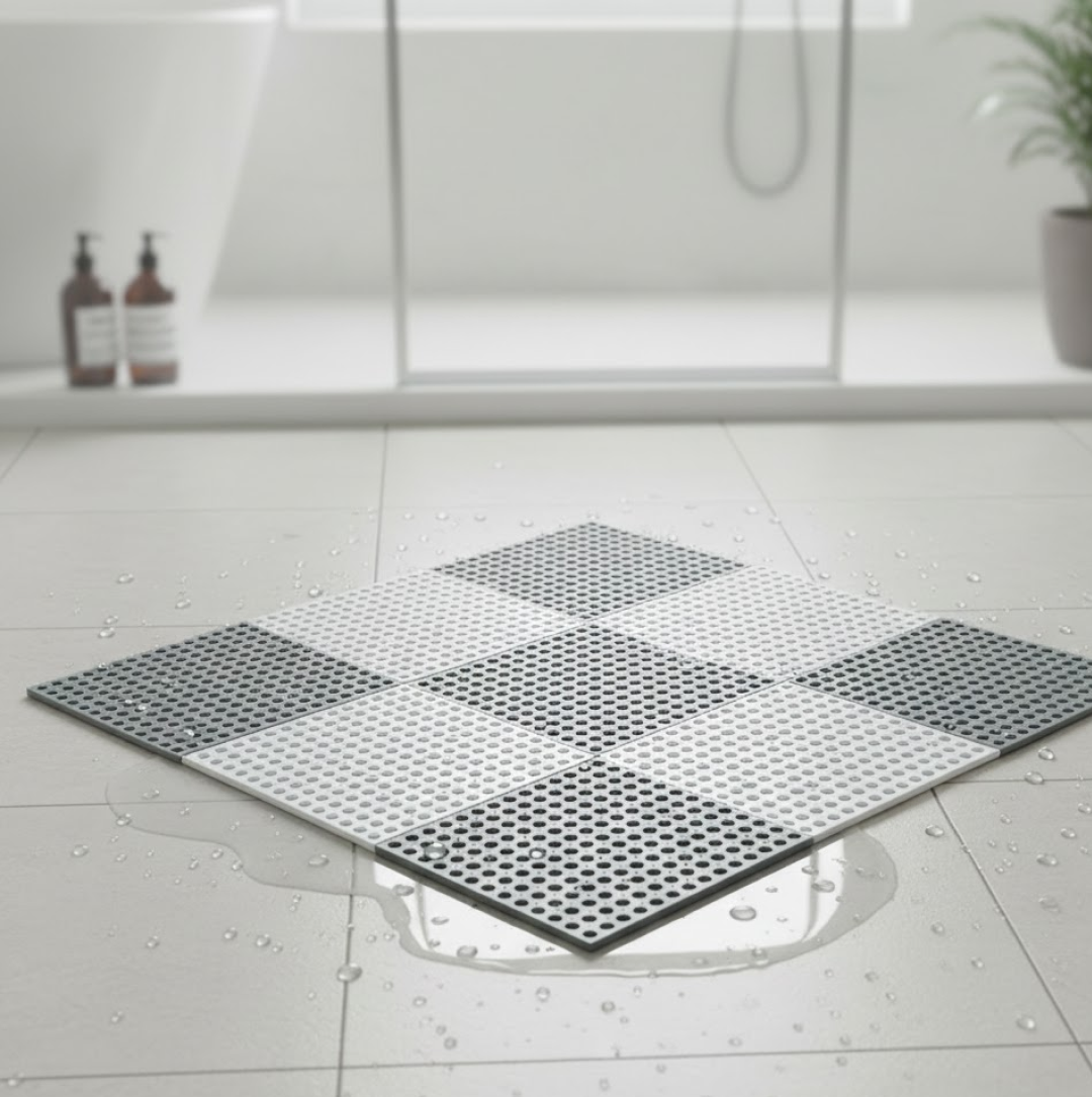 A checkerboard pattern of grey and white anti-slip mats on a wet tiled bathroom floor with a blurred background.