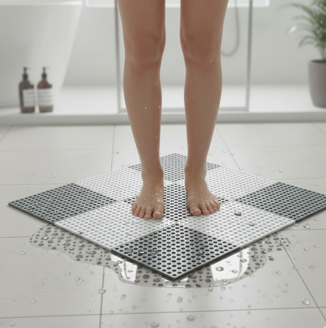 A person stands barefoot on a checkerboard grey and white anti-slip mat with water droplets on the floor.
