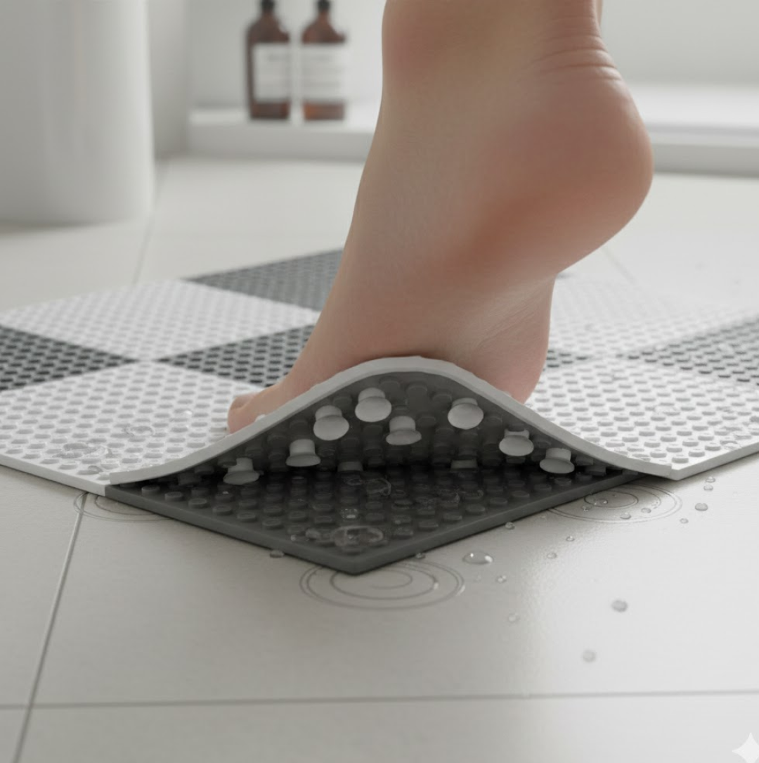 A foot lifts a corner of a grey and white anti-slip mat, revealing suction cups and water droplets underneath.