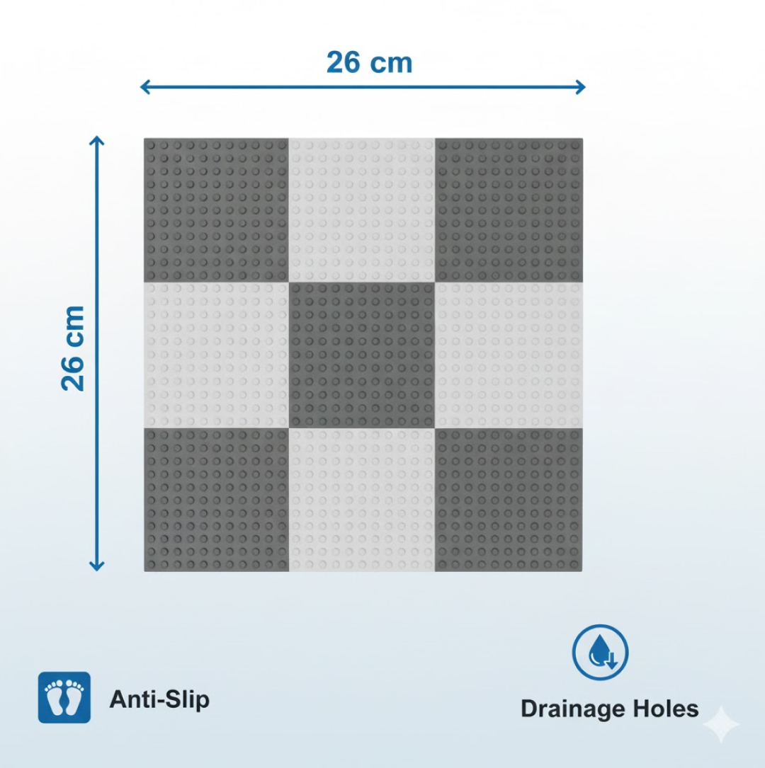 An illustration of a 26x26 cm checkerboard mat with anti-slip and drainage holes features.