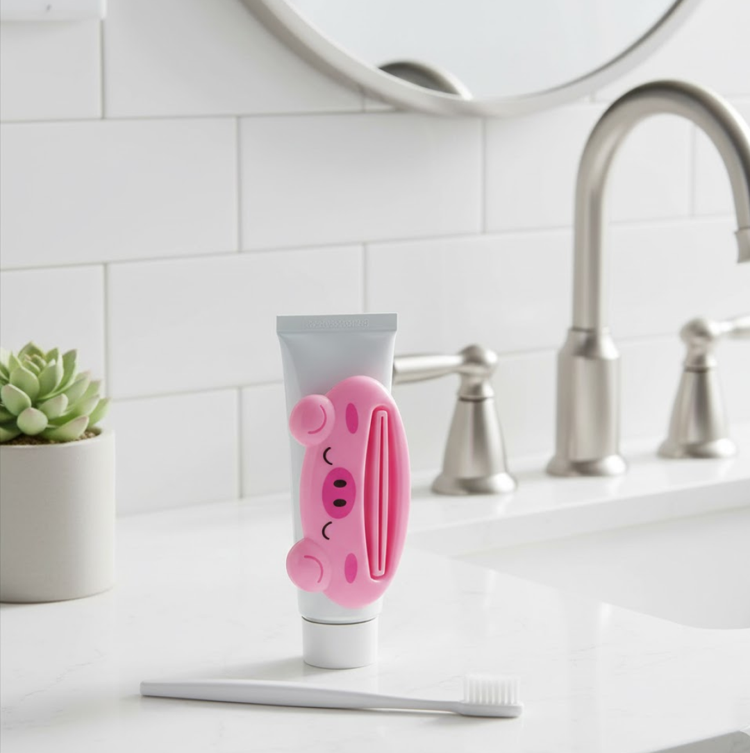 A pink pig-shaped toothpaste squeezer standing upright with a white toothpaste tube on a white bathroom counter next to a
