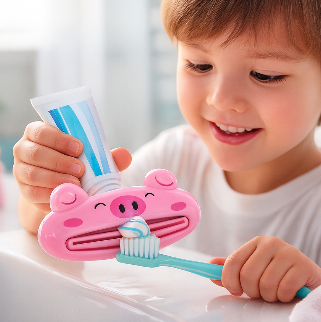 A smiling child holding a pink pig-shaped toothpaste squeezer, dispensing white and blue toothpaste onto a light blue