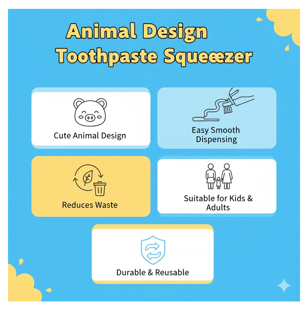An infographic with a blue background and yellow corners, listing five features of the animal design toothpaste squeezer.