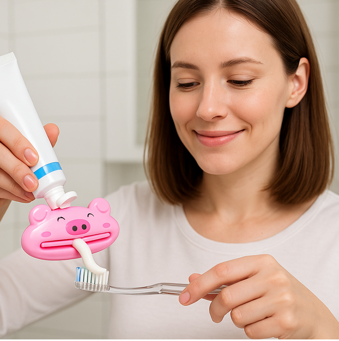 A woman smiling while using a pink pig-shaped toothpaste squeezer to dispense white toothpaste onto a clear toothbrush.