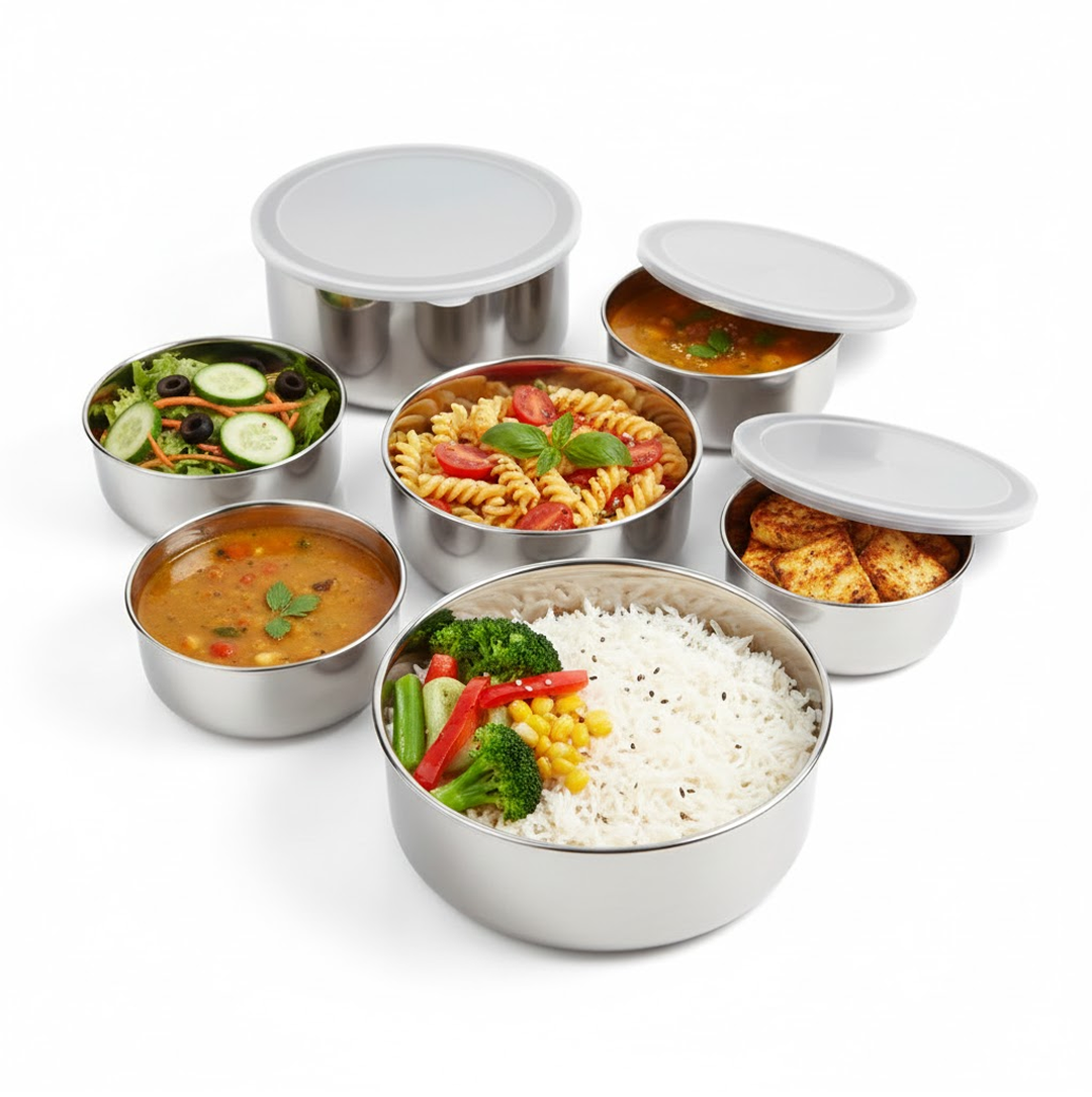 Six stainless steel food containers with clear lids, some open and filled with pasta, salad, rice, and curries, on a white