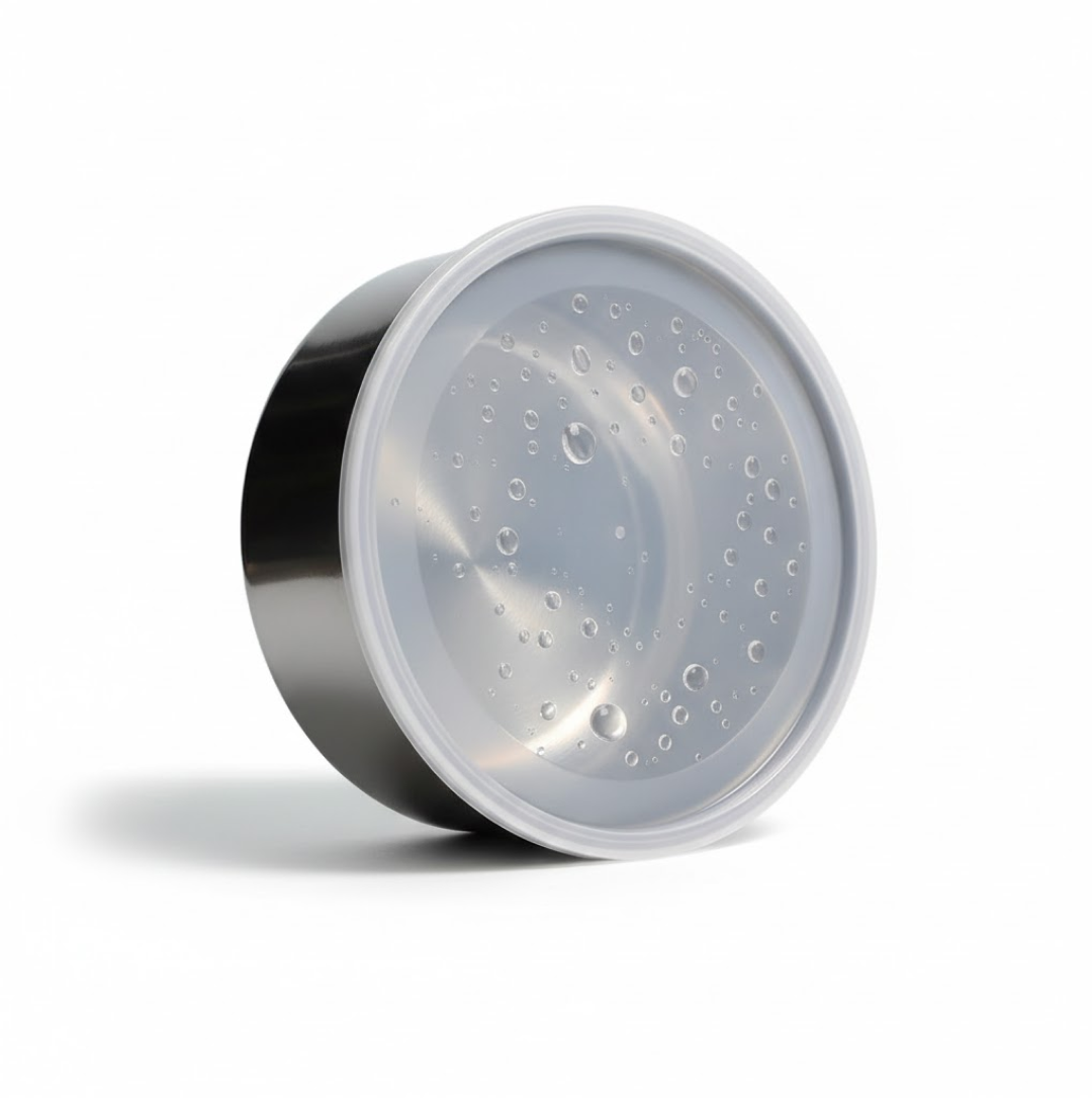 A single stainless steel food container with a clear lid covered in water droplets, tilted on its side against a white