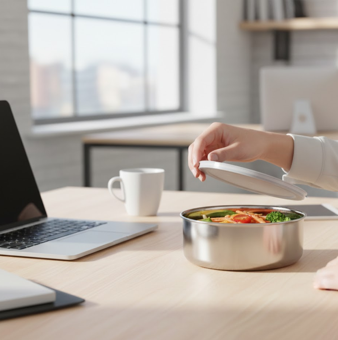 A hand opening a stainless steel food container filled with pasta on a wooden desk with a laptop and coffee cup in an office