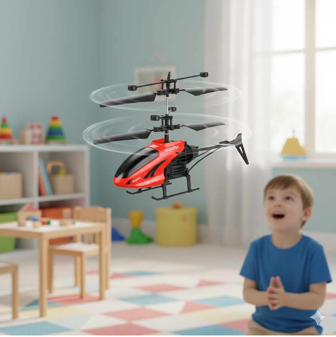 A red and black toy helicopter flying indoors with a young boy looking up at it in a child's room.