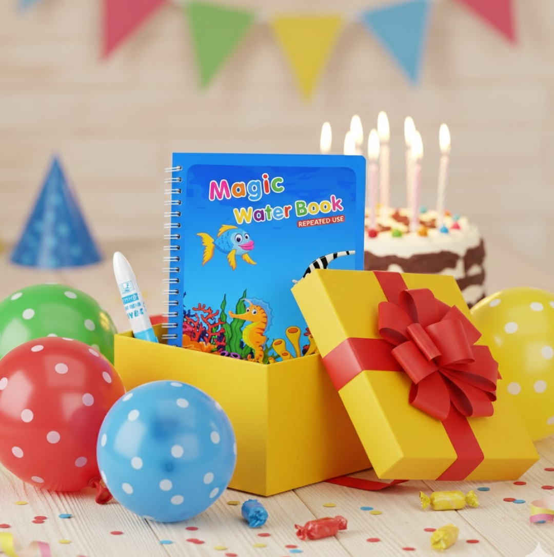 A birthday scene features the water coloring book and pen in a yellow gift box, surrounded by balloons, confetti, and a cake