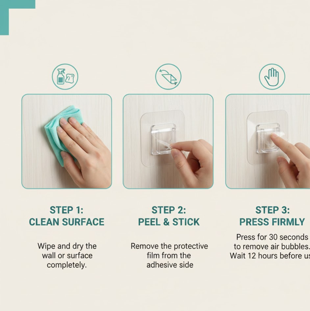 A three-step guide showing how to clean a surface, peel and stick the hook, and press it firmly.