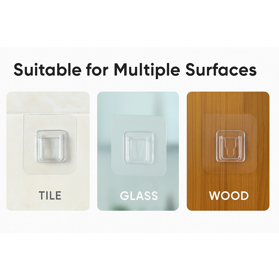 Three clear adhesive hooks shown on tile, glass, and wood surfaces, demonstrating versatility.