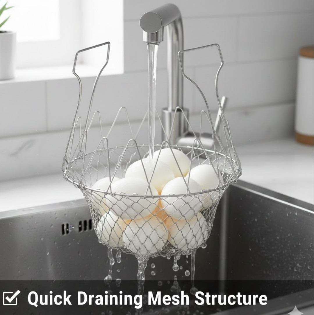 Collapsible chef basket demonstrating multiple uses like washing vegetables and deep frying snacks.