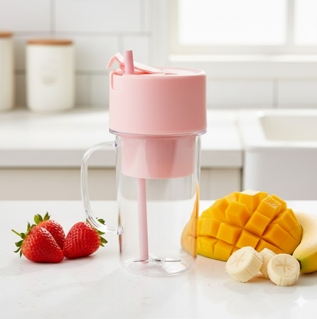 Blending smoothie in the portable juicer bottle